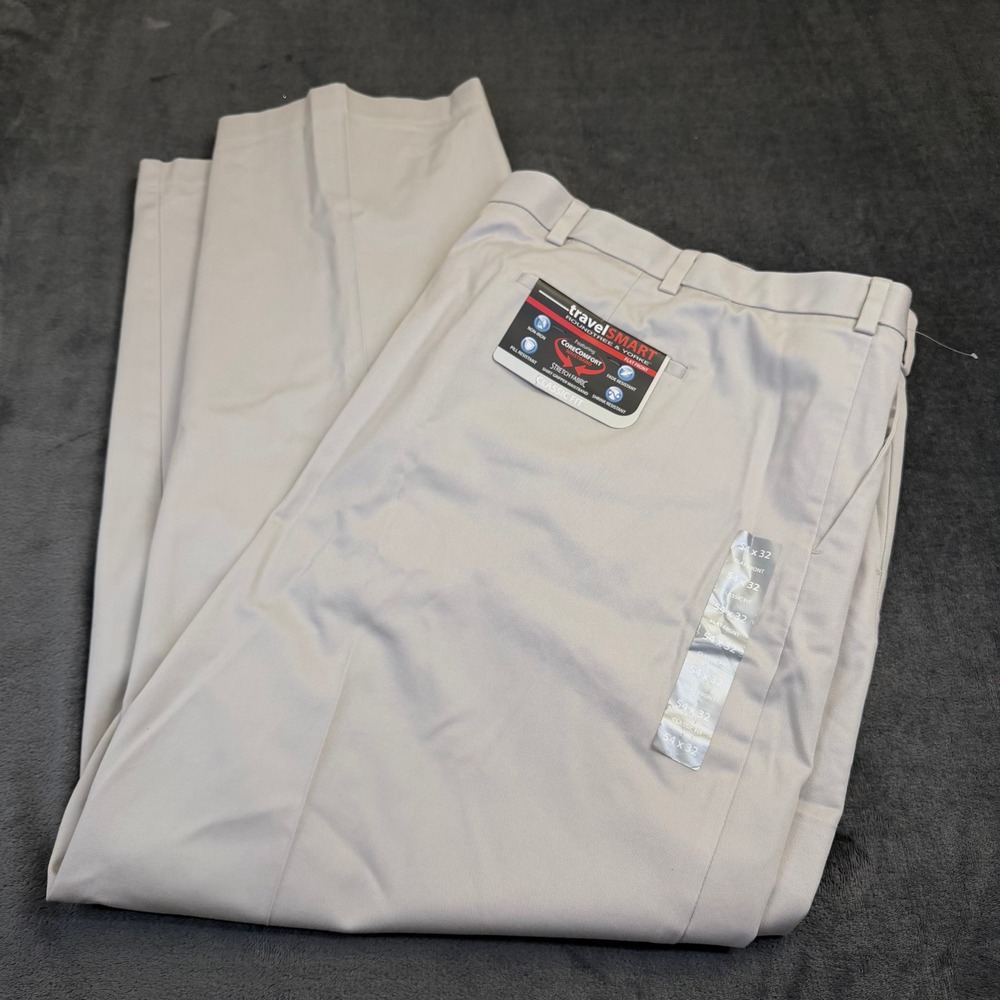 Roundtree & Yorke travelSMART Chino Pants Mens 54x32 Beige Classic Fit Stretch